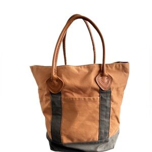 Vintage 90s L.L.Bean Leather-Handle Canvas Tote Bag Plaid Lined 0WY71 Tan/Green